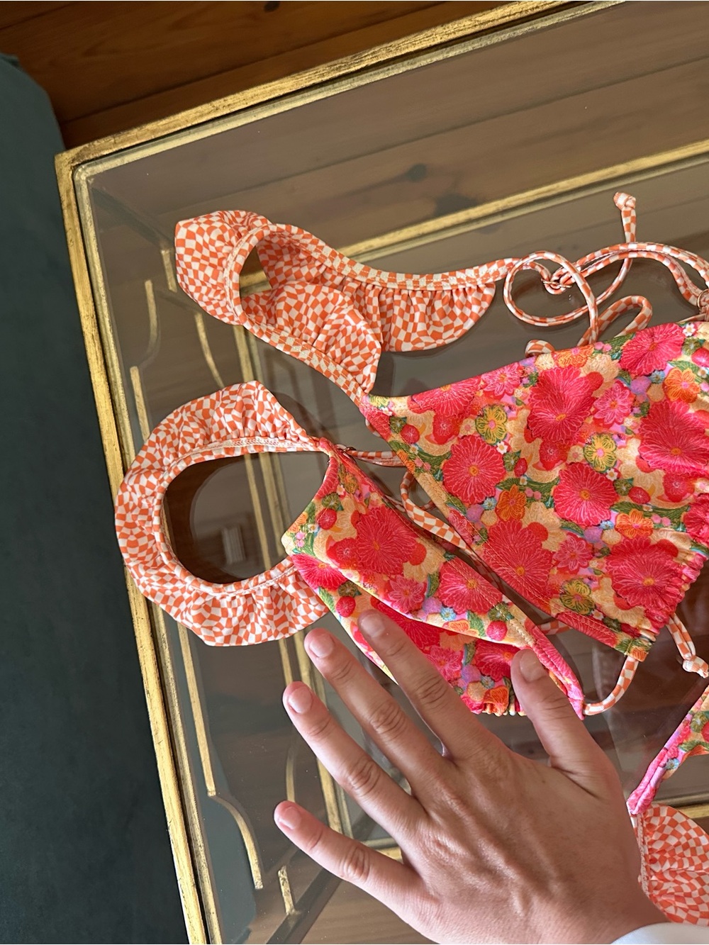 Strawberry Milk Mob Pink Floral & Peach Check Bikini - Picture 3 of 4